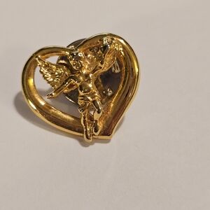 Gold Toned Heart With Cherub Pin Vintage